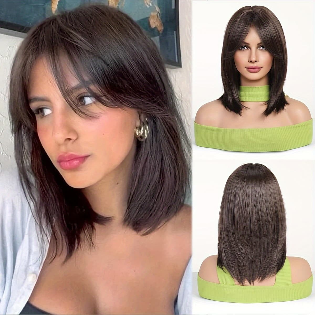 TEMU Wig Women Medium Length Hair With Bangs Slant Bangs Collarbone Hair Middle Part Cover