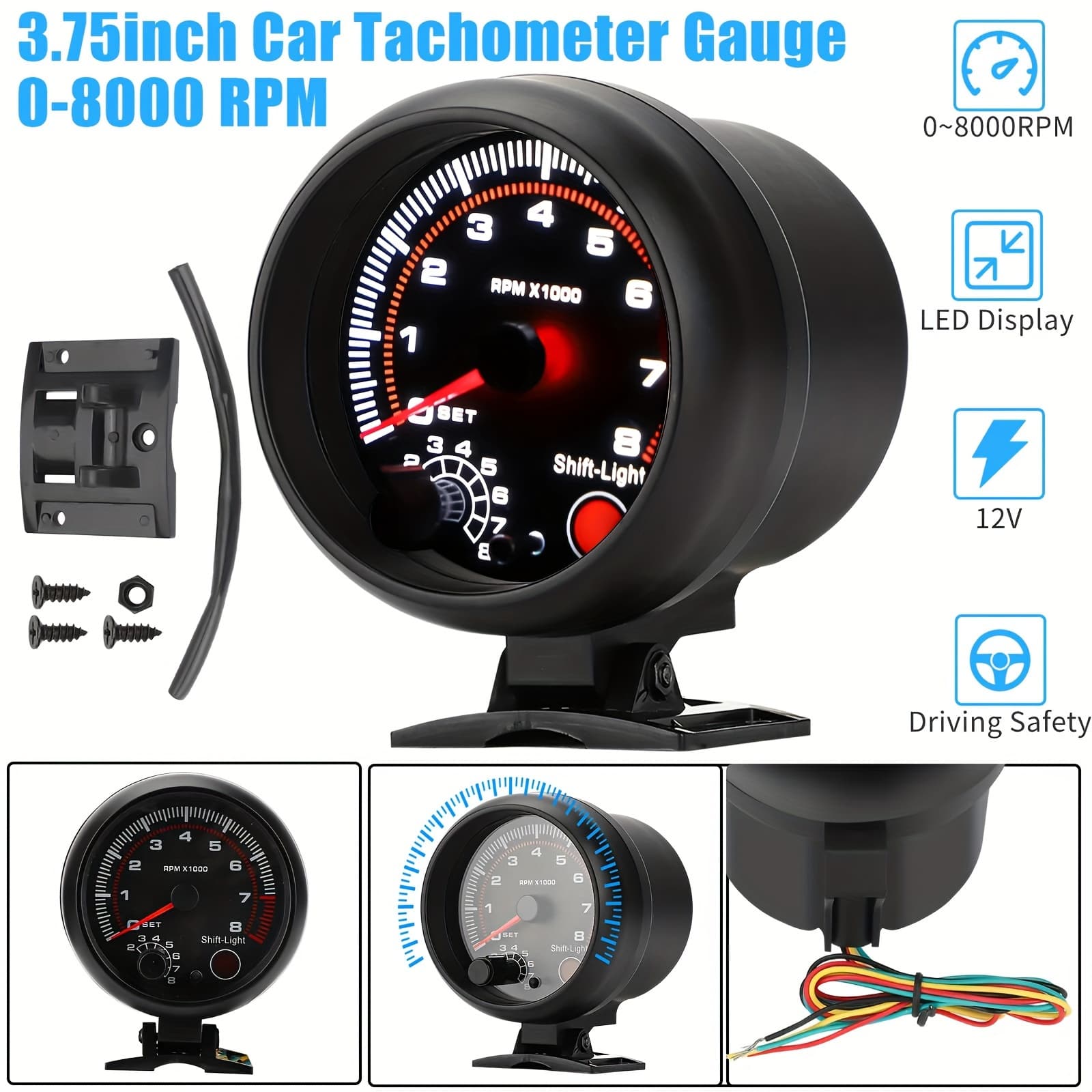 TEMU 12v Car Tachometer Gauge Meter, 3.75 Inches, Measuring 0-8000 Rpm, Featuring An Led Shift Light, Suitable For 4, 6, And 8-cylinder Engines