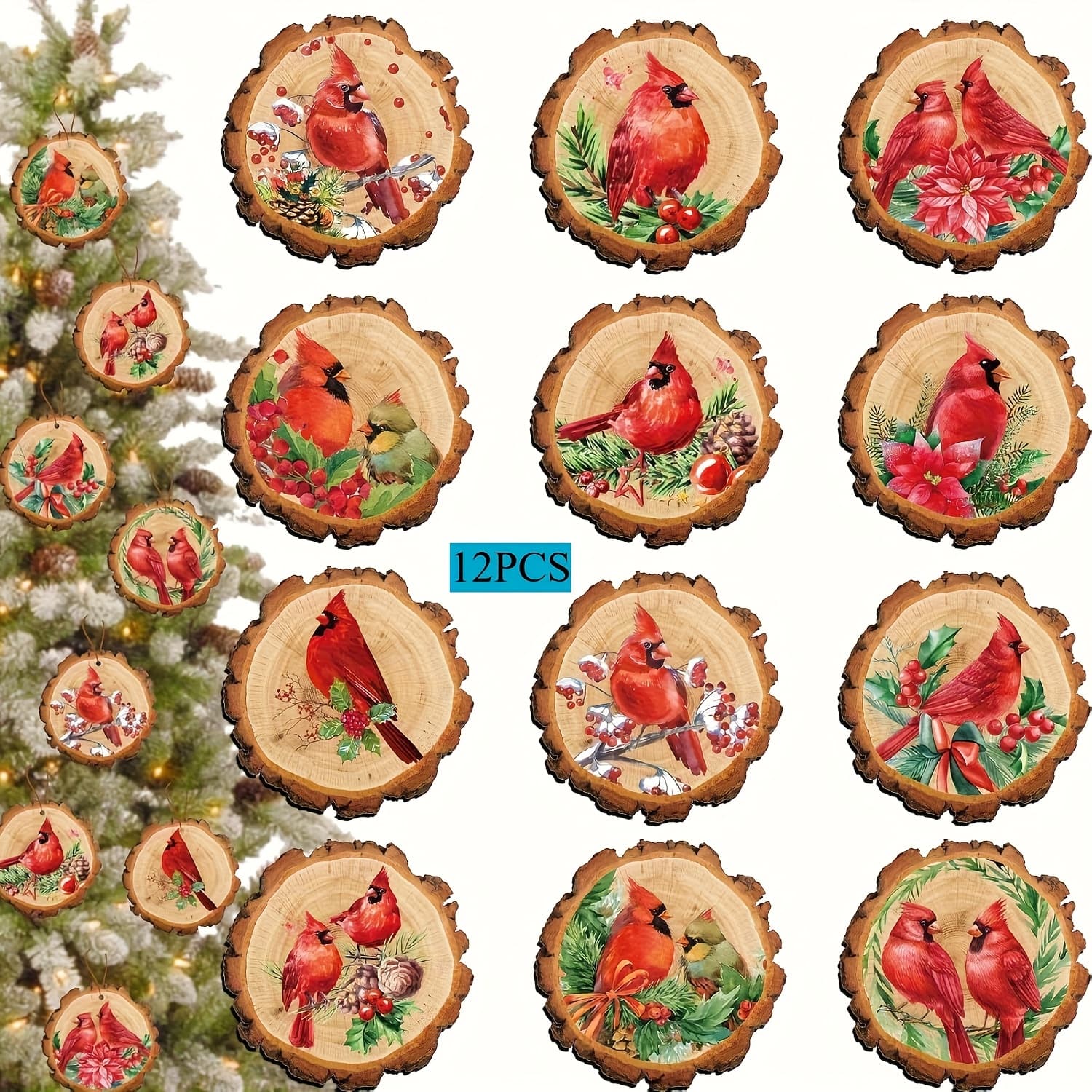 TEMU 12 Handmade Bohemian Rustic Farmhouse Christmas Ornaments - Natural Simulated Wood Round Decorations With , & Pine Cones Suitable For Diy Crafts, Trees, Home Décor - Artificial Wood, Natural Look