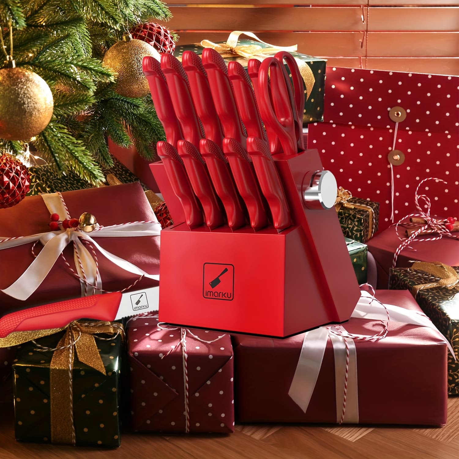 TEMU Imarku Knife Set With Block, Sharp Knife Set With Built-in Sharpener, Stainless Steel Kitchen Knife Set With Non-slip Ergonomic Handle, Dishwasher Safe, Best Holiday Gifts, 14pcs, Red