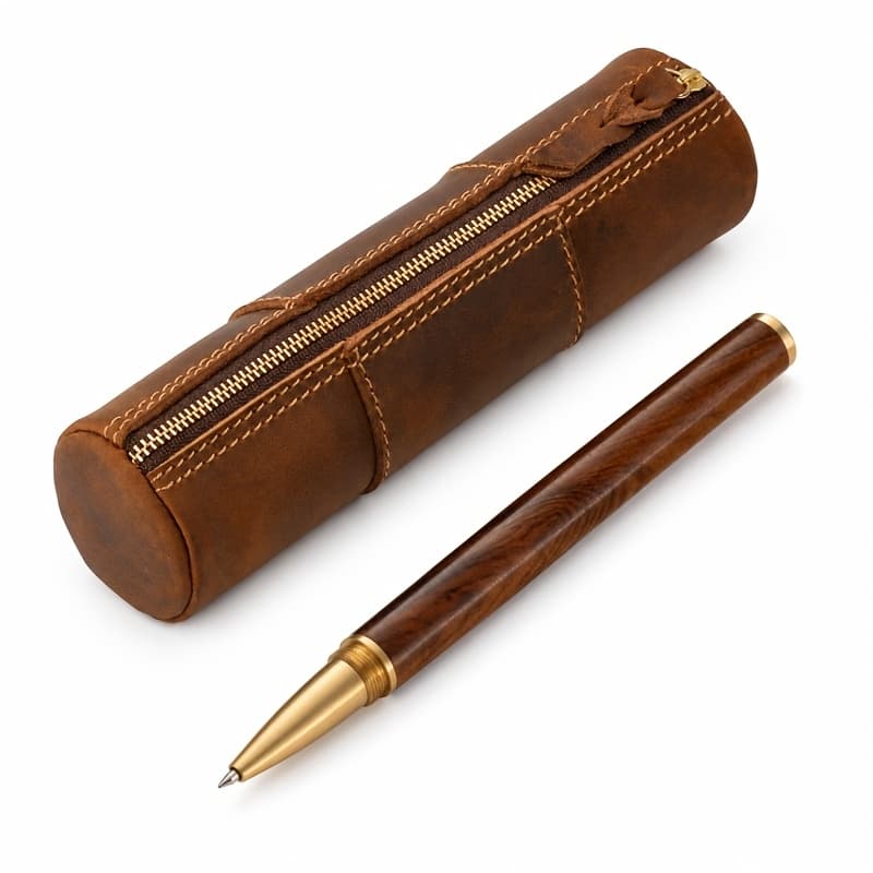 TEMU New Retro Genuine Leather Zipper Pencil Case With Fountain Pen Top-grain Leather Handmade Coin Purse Student Pencil Case Stationery Organizer Bag