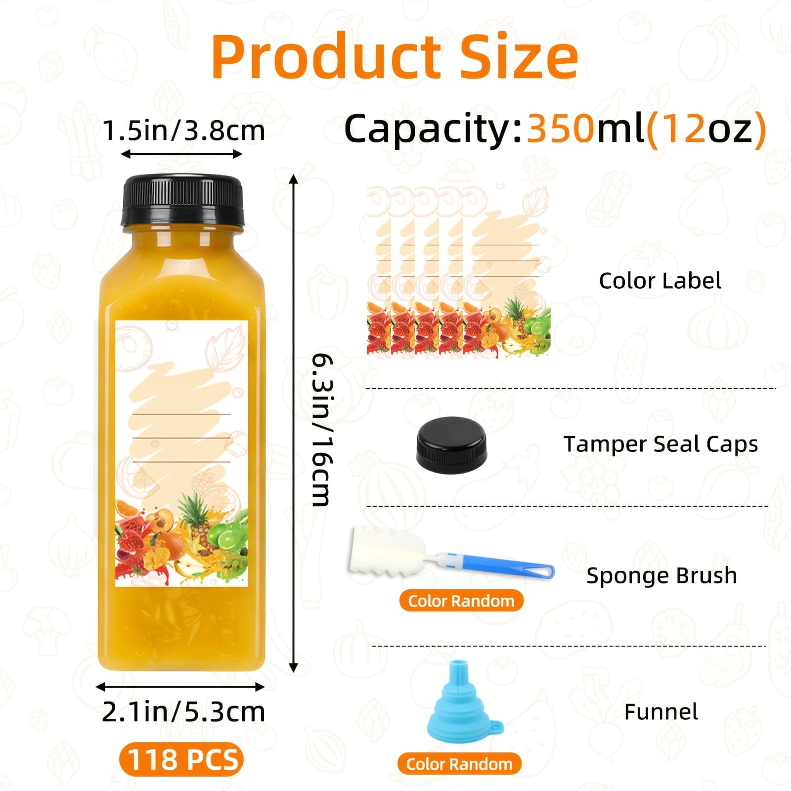 TEMU Tomnk 118pcs 12oz Juice Bottles, Empty Plastic Bottles, Juicing Bottles With Caps, Reusable Clear Bulk Beverage Containers For Juicing, Drinking, Milkshake, Tea. Funnel & Brush (color Random).