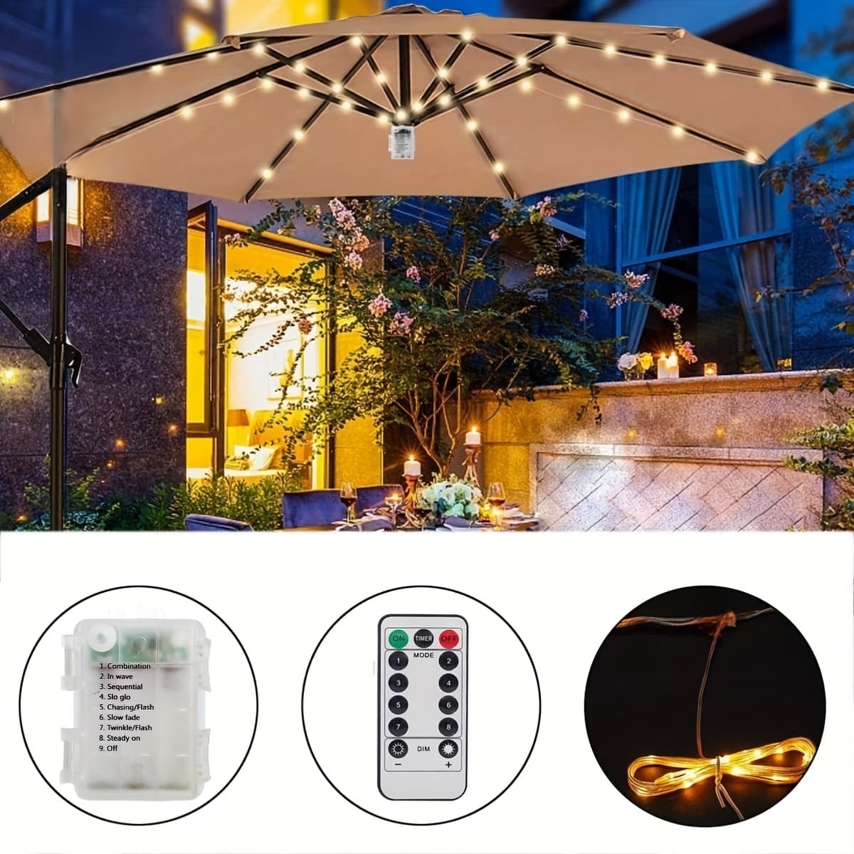 TEMU Patio Umbrella Light With 130 Led Fairy Light, Battery Operation Cordless-outdoor Umbrella Pole Lights With 8 Lighting For Garden, Patio, Backyard, Camping Or Bbq