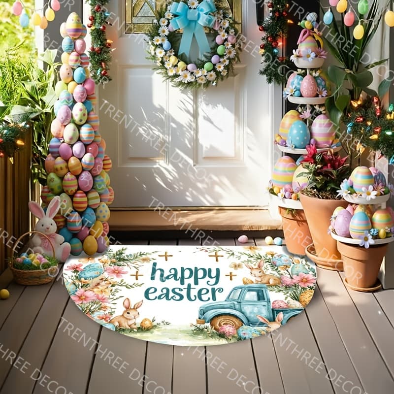 TEMU 1pc Happy Semi-circular Welcome Doormat - Spring Egg Hunt Bunny Door Mat, Machine-washable /outdoor Suitable For Porch, Kitchen, Front Door - Easter Decoration