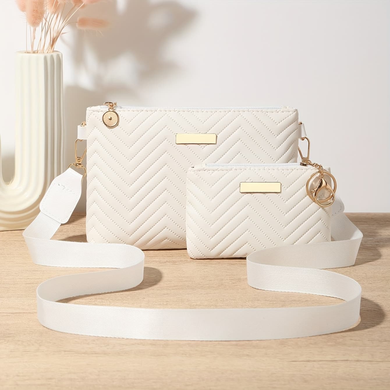 TEMU Two-piece Set Of Women's New Fashionable Embossed Woven Multi-functional Crossbody Bag, Shoulder Bag, Clutch, Detachable Strap With Secure Zipper
