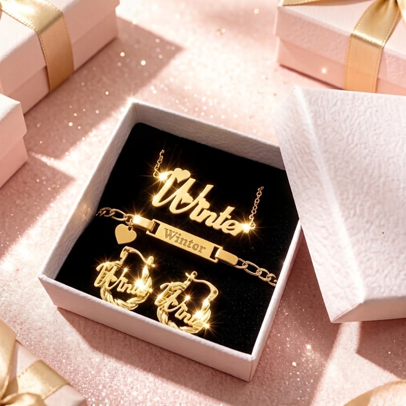 TEMU 3pcs Custom Name Jewelry Set Personalized Name Earrings/ Bracele/ Necklace Set Customized Nameplate Jewelry Set Ideal Gift For Halloween, Christmas, Birthday Parties, Thanksgiving