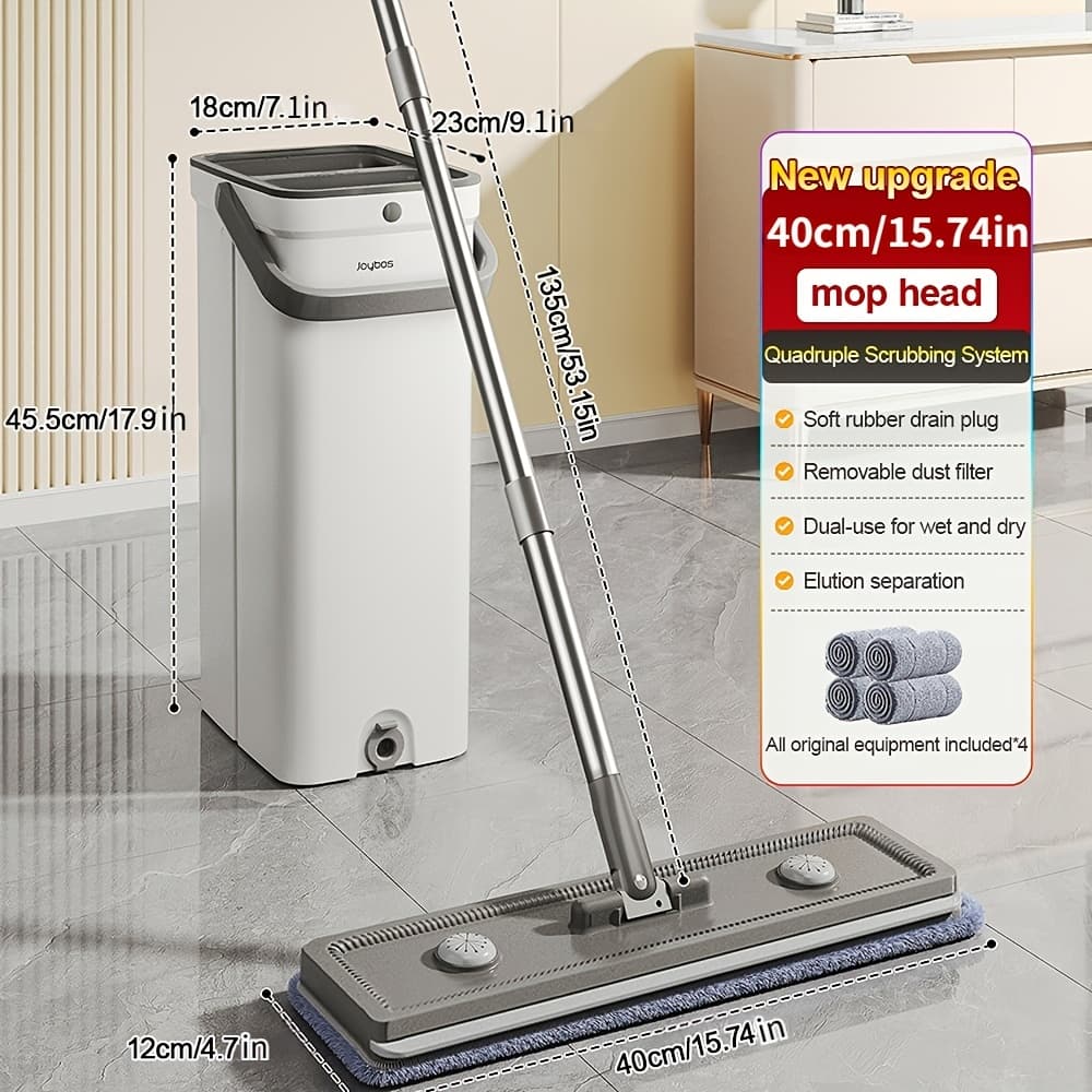 TEMU Mop And Bucket Set, Flat Mop And , Mop Bucket With Wringer, Wall Mop With Adjustable Handle, 4 Washable Microfiber Mop Pads, Mops For Floor Cleaning