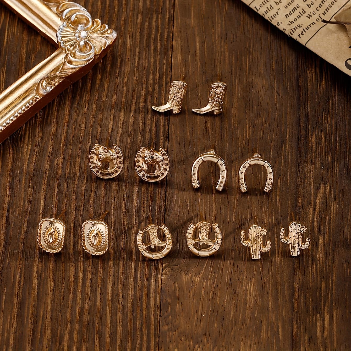TEMU 6 Pairs Of Vintage Western-style Hats And Cowboy Boots With Golden Textures, Cactus Earrings For Ladies, A Holiday Gift For Daily Use.
