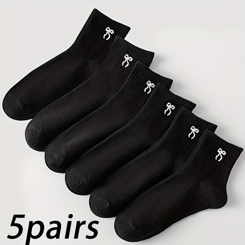 TEMU 5-pack Fashion Women's Minimalist Black And White Bow Short Socks - Stylish Versatile Simple All- Casual Crew Socks, Soft Comfortable For