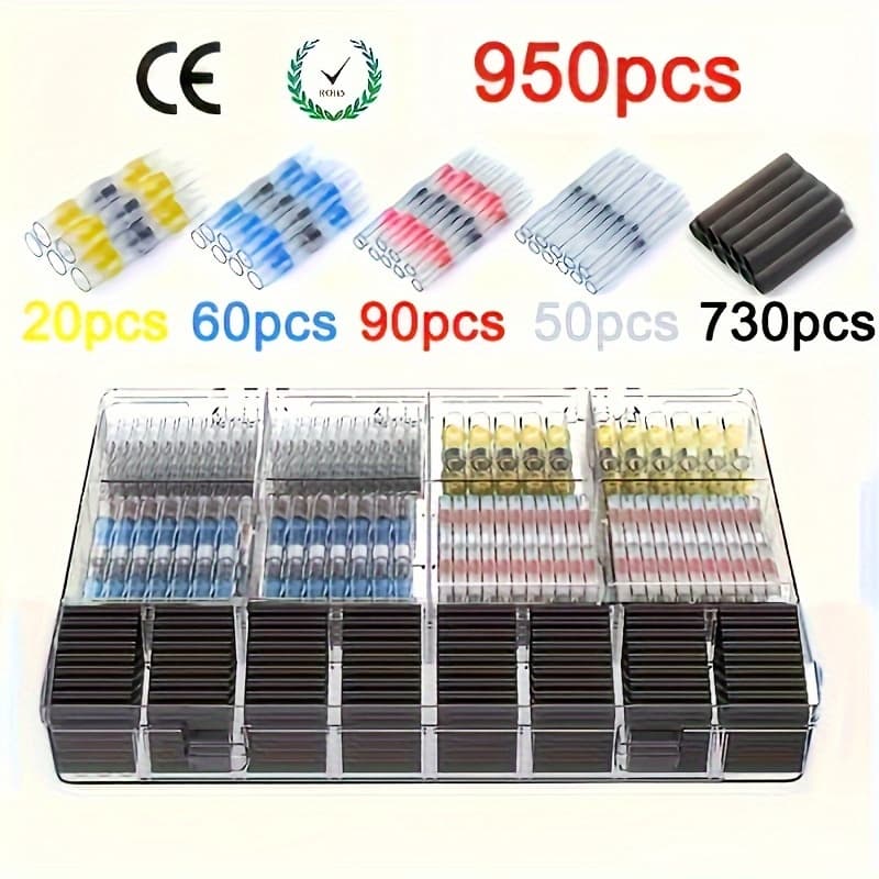 TEMU 950pcs Solder Seal Wire Connectors, Wire Connectors Kit Electrical Terminals, Solderless Insulated Wire Splice Cable Connector For Marine Automotive Boat Truck, Thermal