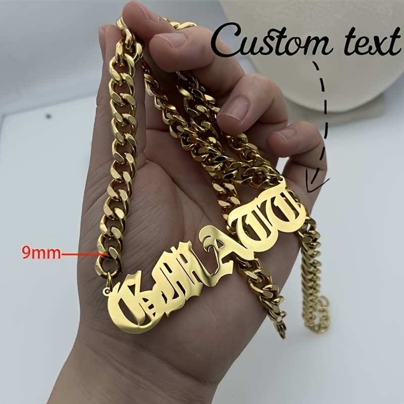 TEMU Custom All-caps Old English Name Necklace, Personalized Large Name Hip Hop Chain, 9mm Thick Cuban Link Necklace, Nameplate, Men Women Personalized Jewelry