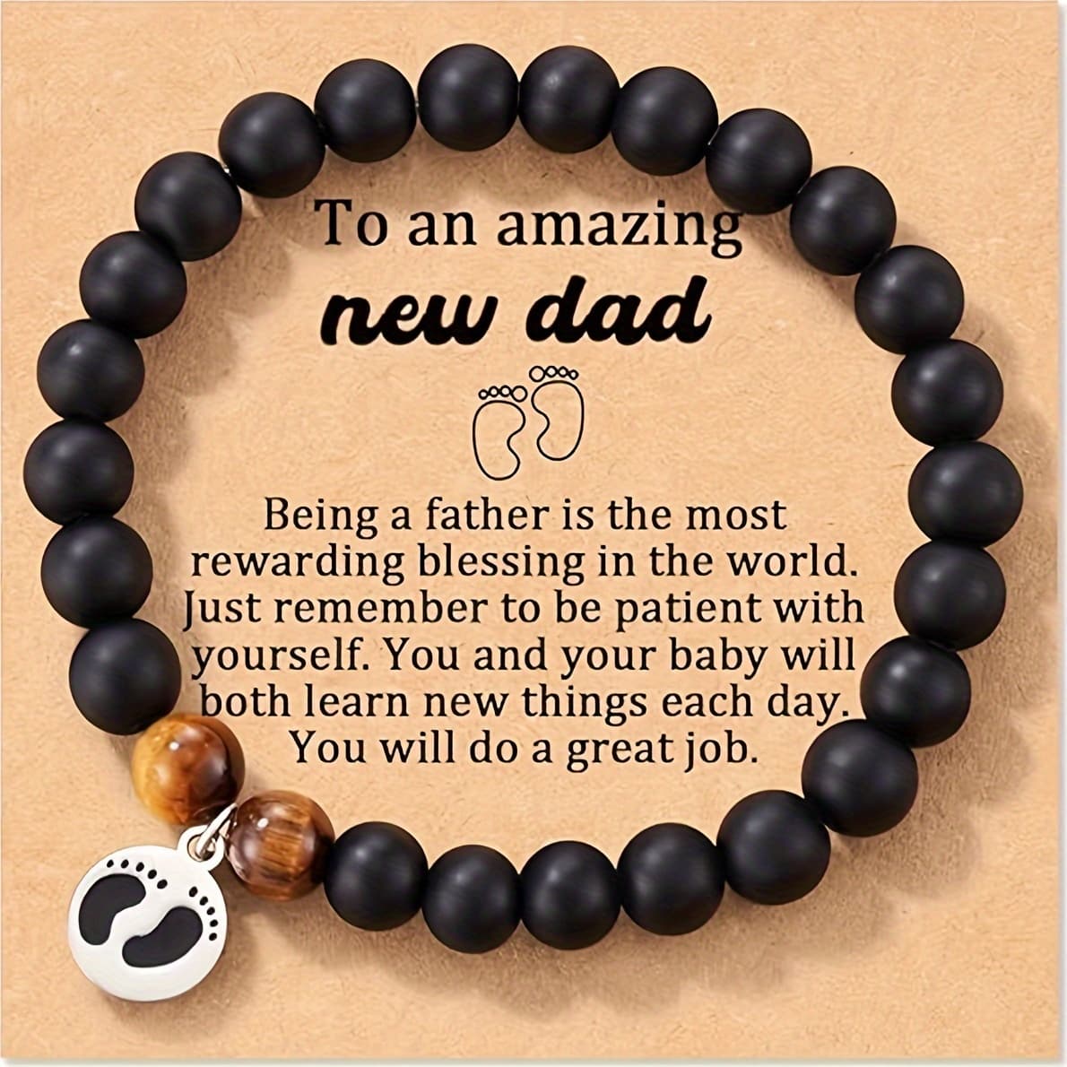 TEMU 8mm Adjustable Elastic Black Beaded Bracelet With Footprint Charm & Round Tag Pendant - Vintage Resin New Dad Gift For Father's Day, Birthday, New - Meaningful Keepsake Jewelry