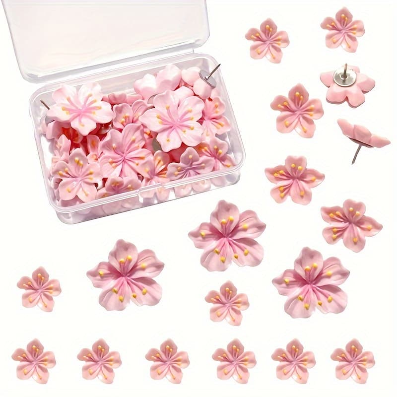 TEMU 25pcs Pink Flower Push Pins, Cartoon Decorative Thumbtacks, Floral Push Pins For Cork Boards, Home And Office Photos, Wall Maps, And School Supplies