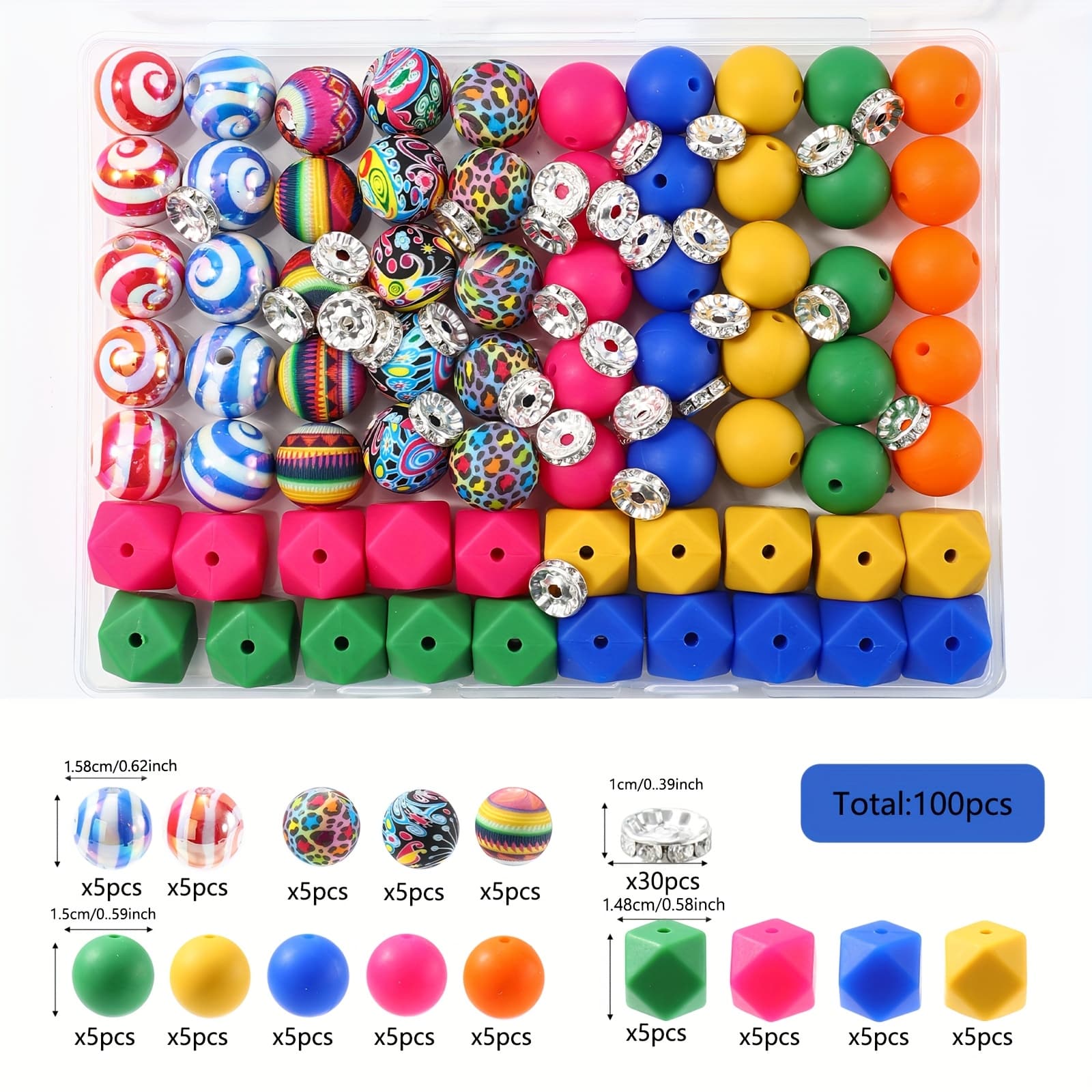 TEMU 100 Silicone Jewelry Box Set, Hexagonal, Striped, Printed Beads, For Diy Craft, Bead Pen, Key Chain Pendant.