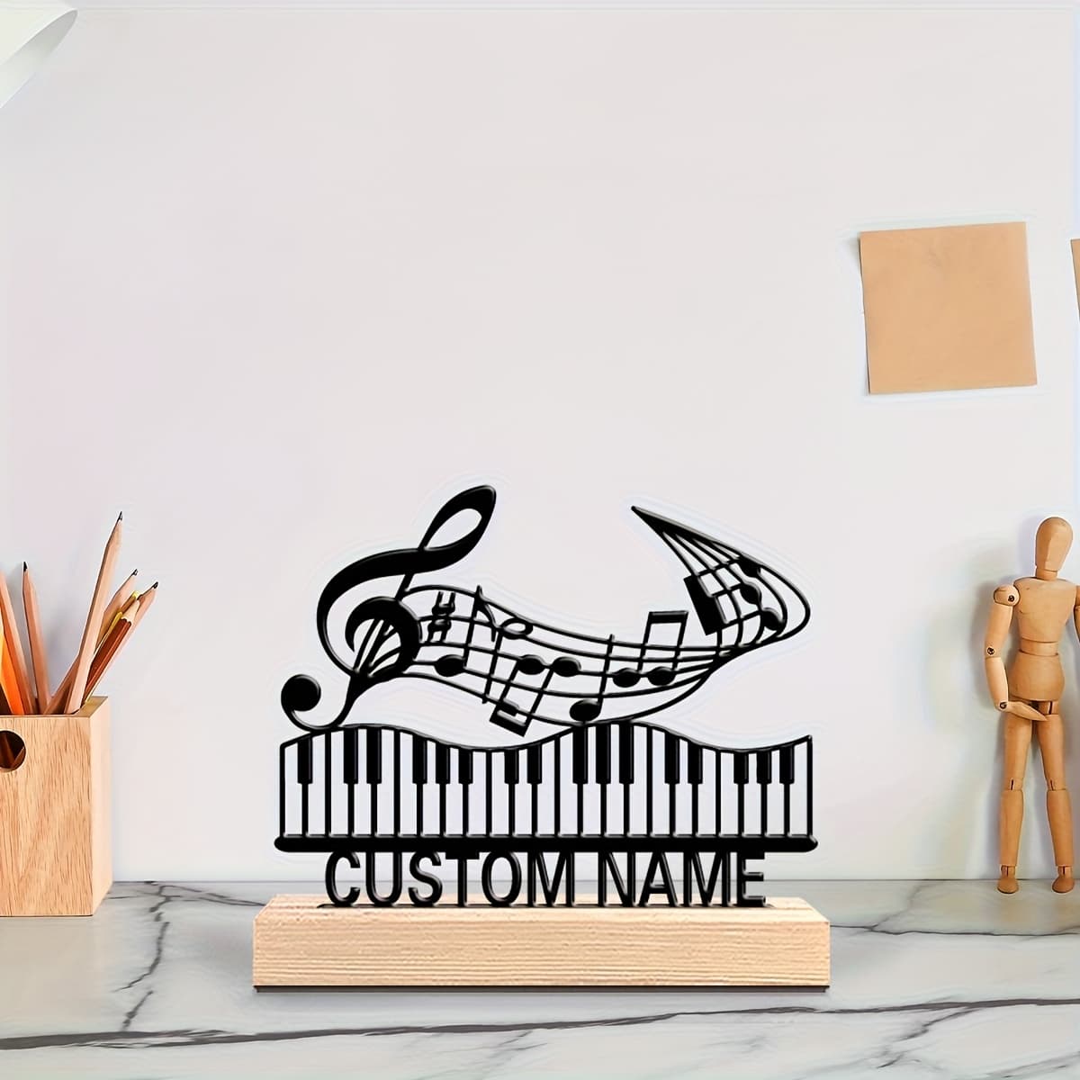TEMU A Customizable Iron Sculpture Featuring Piano Keys And Musical Notes, Complete With A Wooden Base. This Personalized Metal Ornament Can Display Individual Names Or Music Room Titles