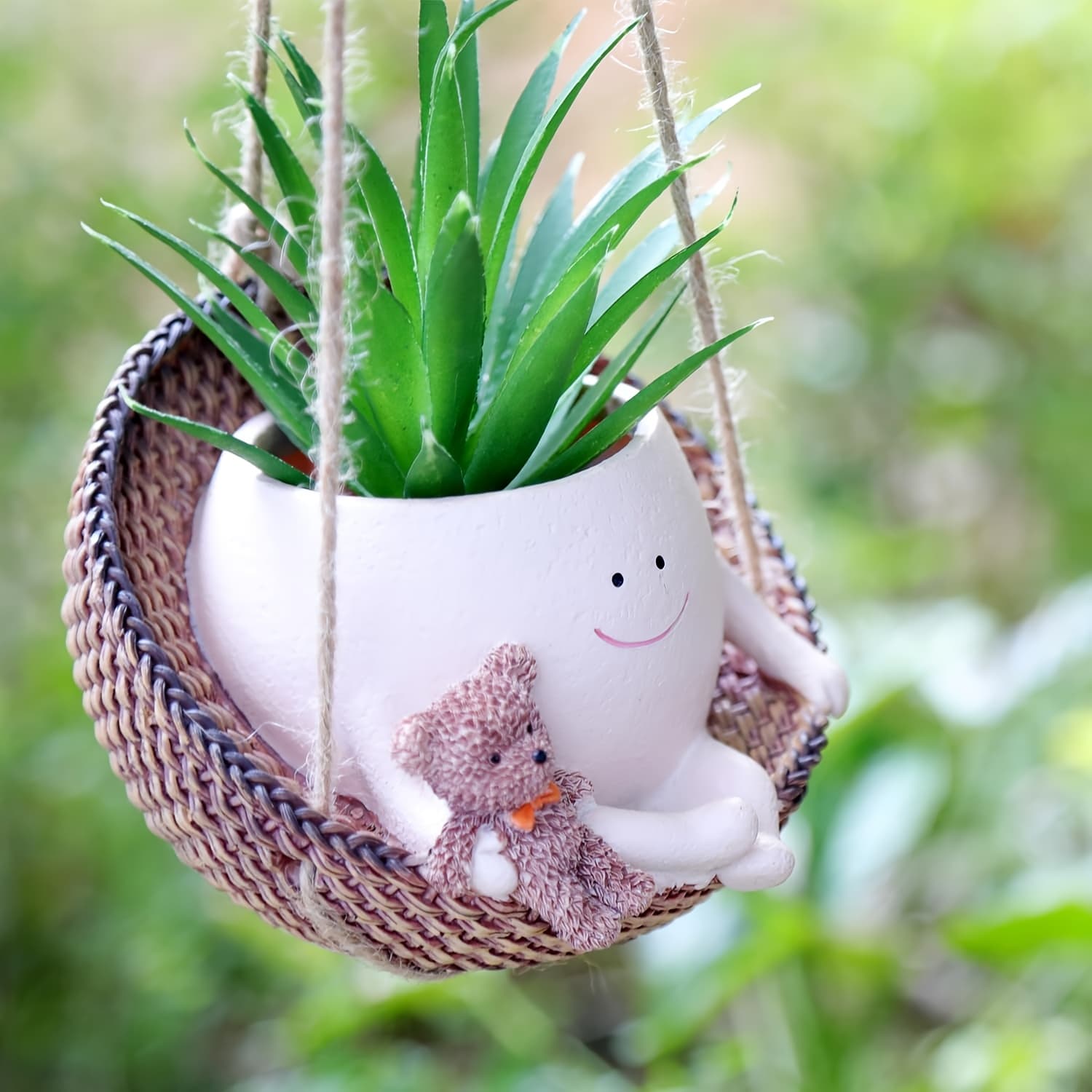 TEMU Cute Smiling Hanging Planter With Hanging Chair Suitable For, Resin Plant Pot With Drainage Holes - /outdoor Garden Decor, Pot, Hanging Flower Pot - Good Gift Idea