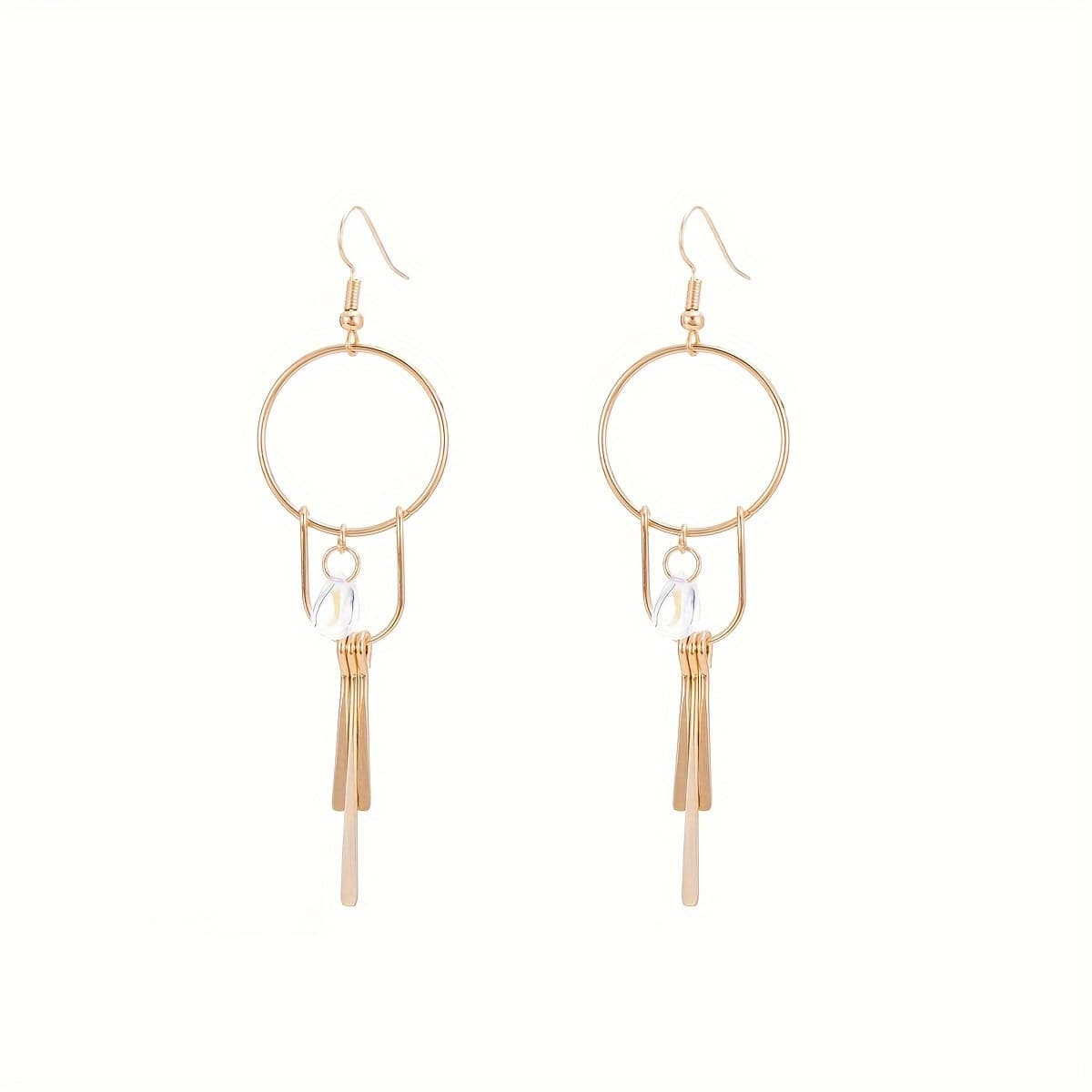 TEMU Bohemian Vintage Circle Gemstone Tassel Drop Earrings For Women, Alloy Dangle Earrings, Versatile Boho Style Jewelry For Daily And Party Occasions, Accessory Gift