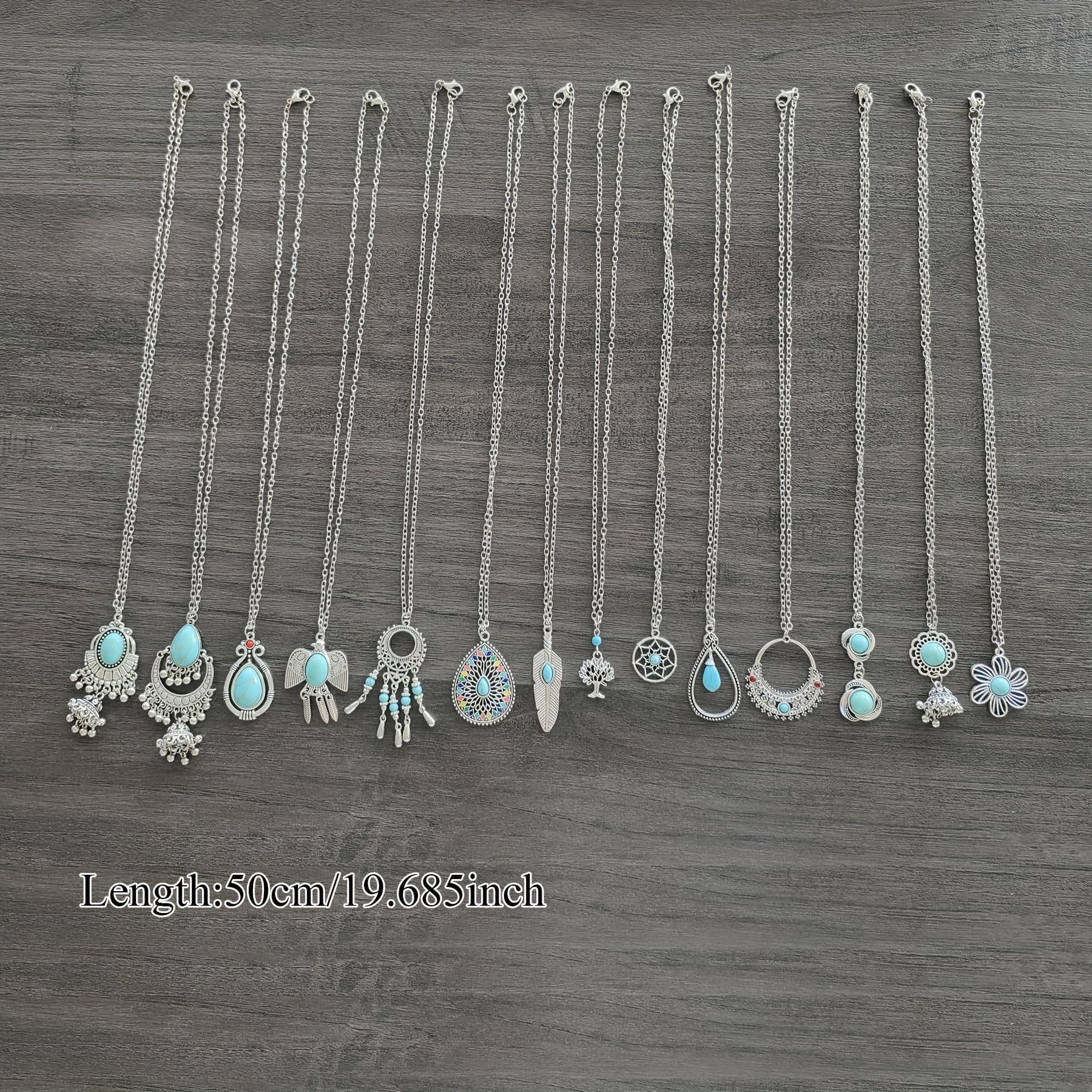 TEMU 14pcs/set Retro Ethnic Style Necklace Jewelry Set - Ancient Silvery Leaf, Flower, , Geometric Shape, Inlaid Turquoise Pendant Necklace Set, Daily Outfits And Parties, Vacation