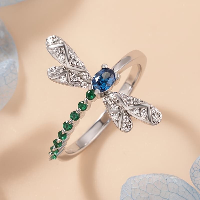 TEMU Stylish 4-prong Blue Synthetic Zirconia Dragonfly Ring, Women' Casual And Vacation Wear - An Exquisite Gift
