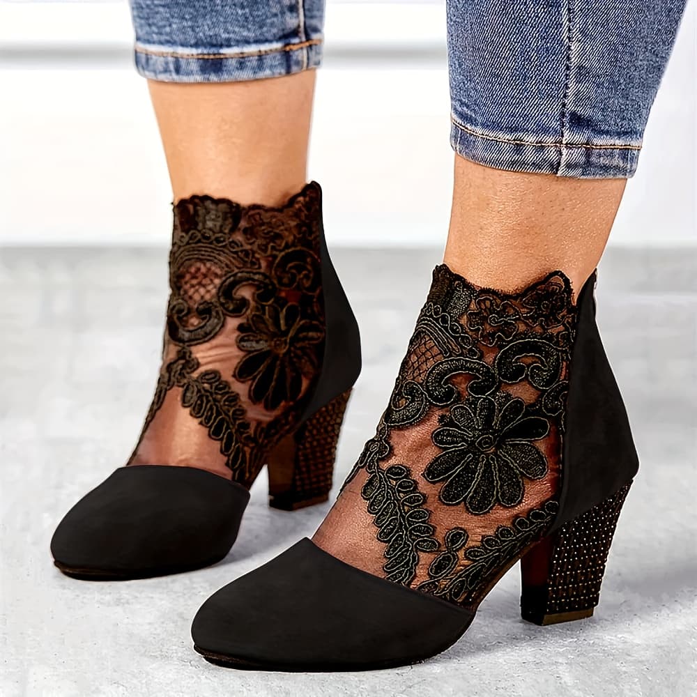 TEMU Women's Ankle Boots - Black Lace Embroidery Mesh Chunky Heel Booties, Elegant Party Ankle Boots, Perfect Valentine's Gift, Women Shoes