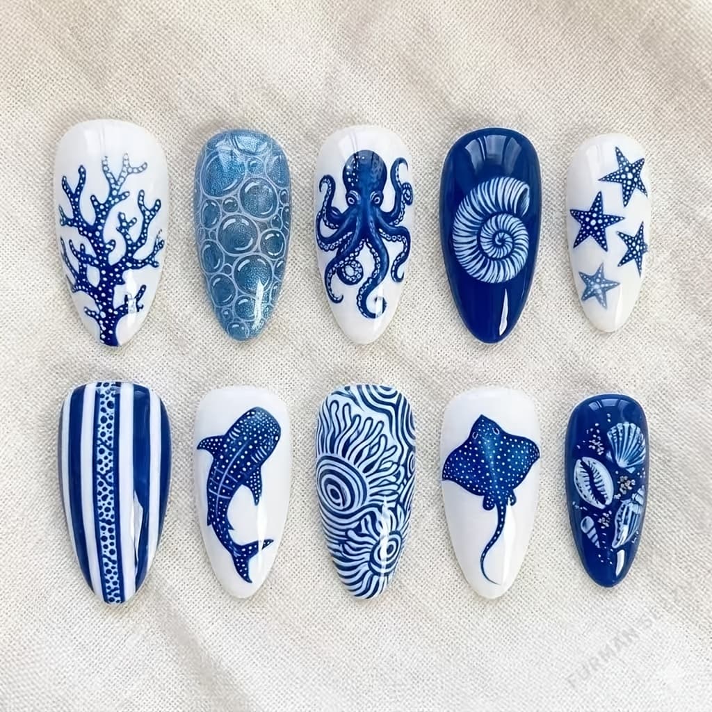 TEMU 10pcs Blue And Hand-painted Series Press On Nails, Octopus Whale Shark Starfish Niche Design Fake Nails, Reusable False Nails
