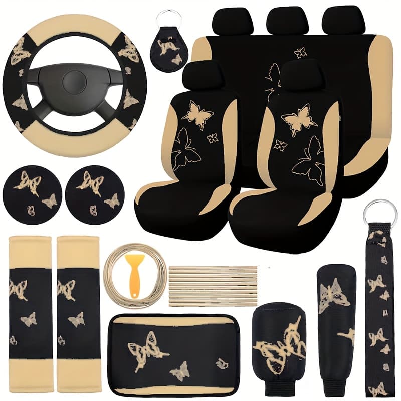 TEMU A 41pcs Collection Of Car Interior Additions, Including A Full Set Of Seat Covers, Soft Steering Wheel Covers, Seat Belt Pads, Floor Mats, , Long-lasting Interior Additions For Protection