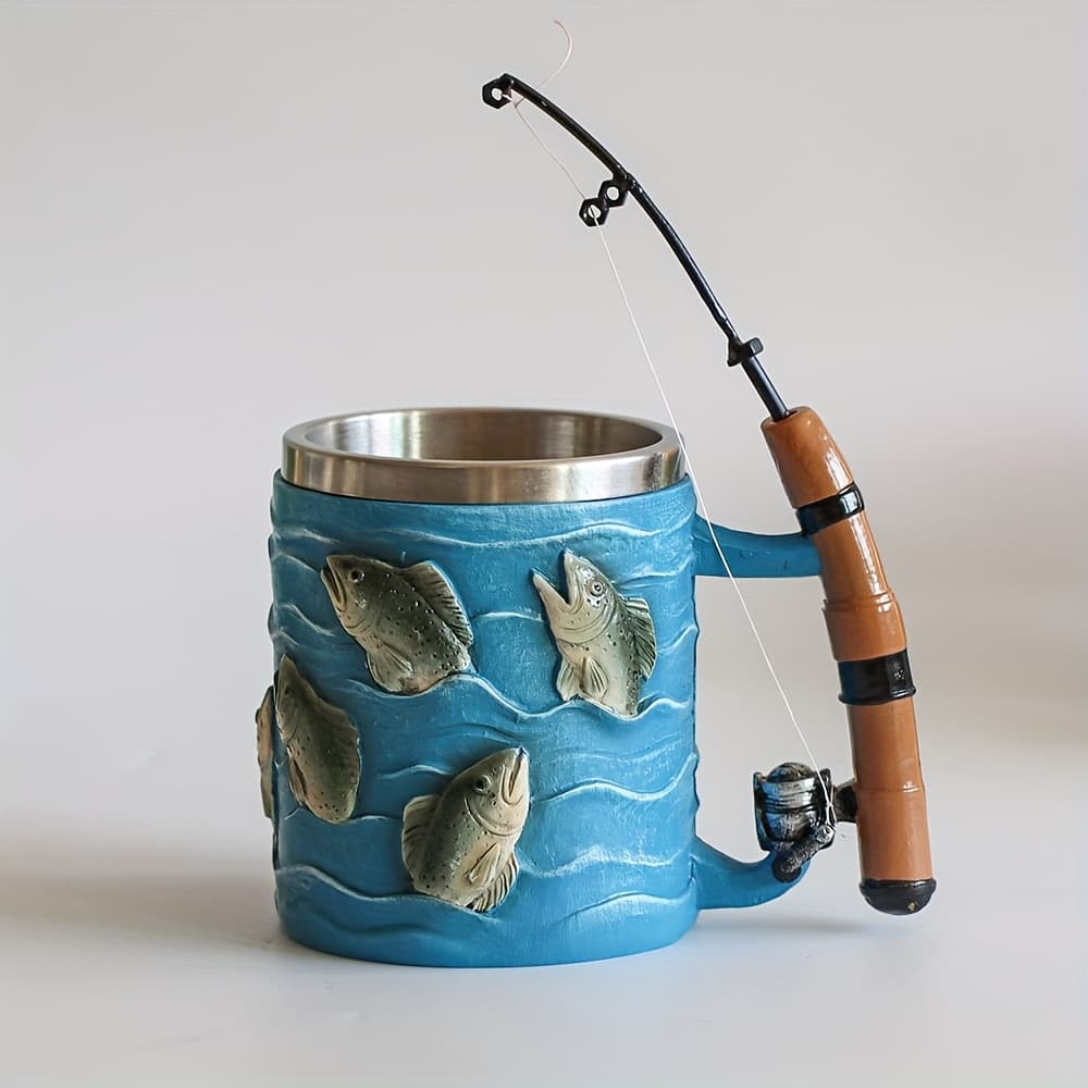 TEMU 1pc Fishing-themed Resin Mug With 3d Fishing Rod & , Stainless Steel Liner & 201 Stainless Steel Cup - Durable Cup For , Unique Gift For , Fishing Enthusiasts, For, Office, Or While Fishing