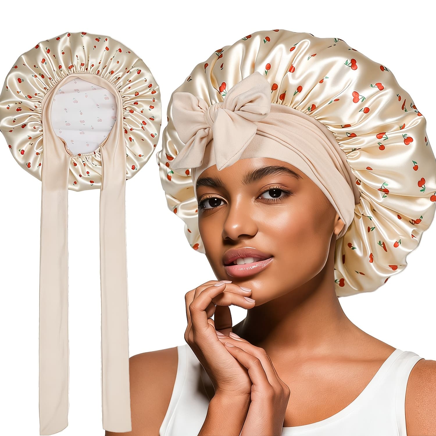TEMU A Women's Bonnet Made Of Satin In A Lace-, Featuring A Beige Color With Cherry Patterns, Perfect For Casual For , Sleeping, And Hair Care