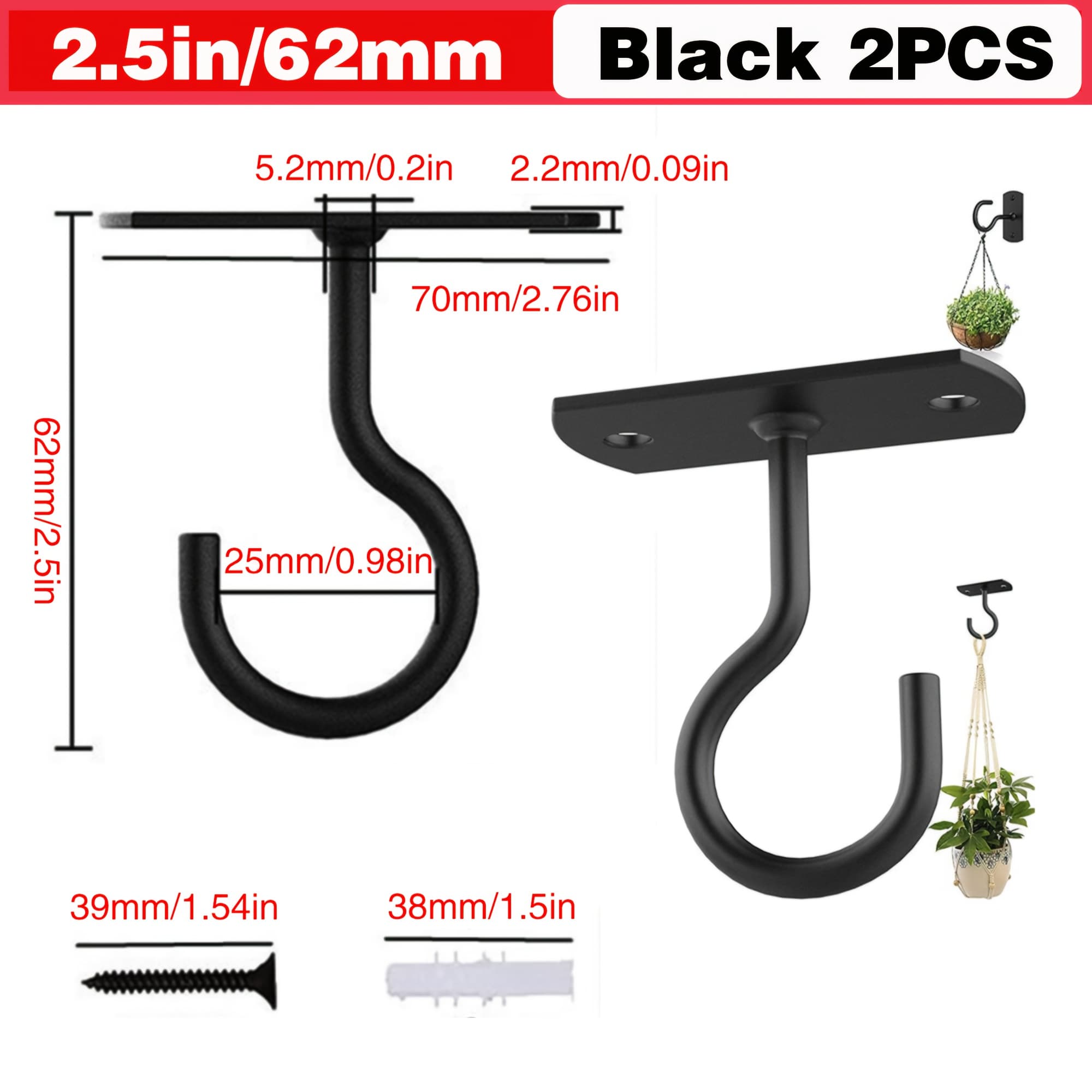 TEMU 2pcs Black Ceiling Hooks For Plants, Bird Feeders & Decor - Wall Mount Hangers For Lights, Lanterns & Wind Chimes