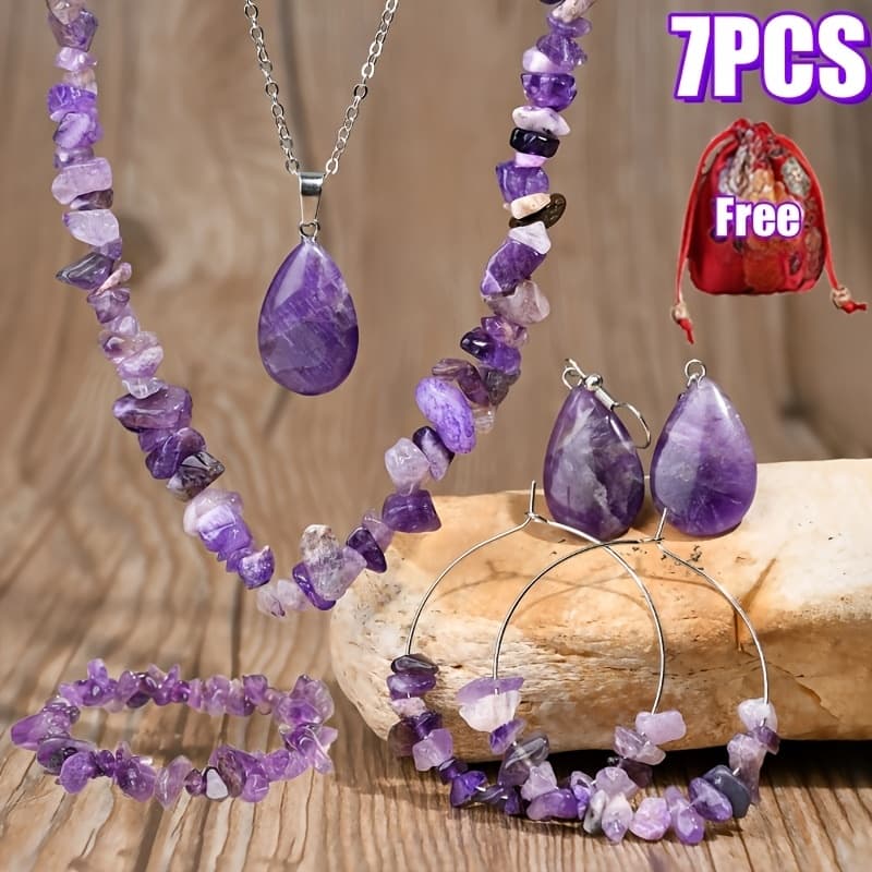 TEMU 7pcs Bohemian Jewelry Set - Irregular Amethyst Necklace Pendant Bracelet And Earrings - Purple Natural Stone Complete Jewelry Gift For Wear And Holidays With Free Storage Pouch
