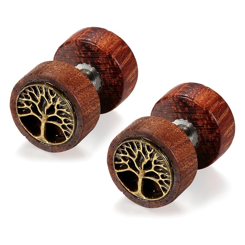 TEMU Tree Of Stud Earrings: Vintage Stainless Steel Piercing Earrings Wood Fake Ear Plugs Christmas Gift For Women Men