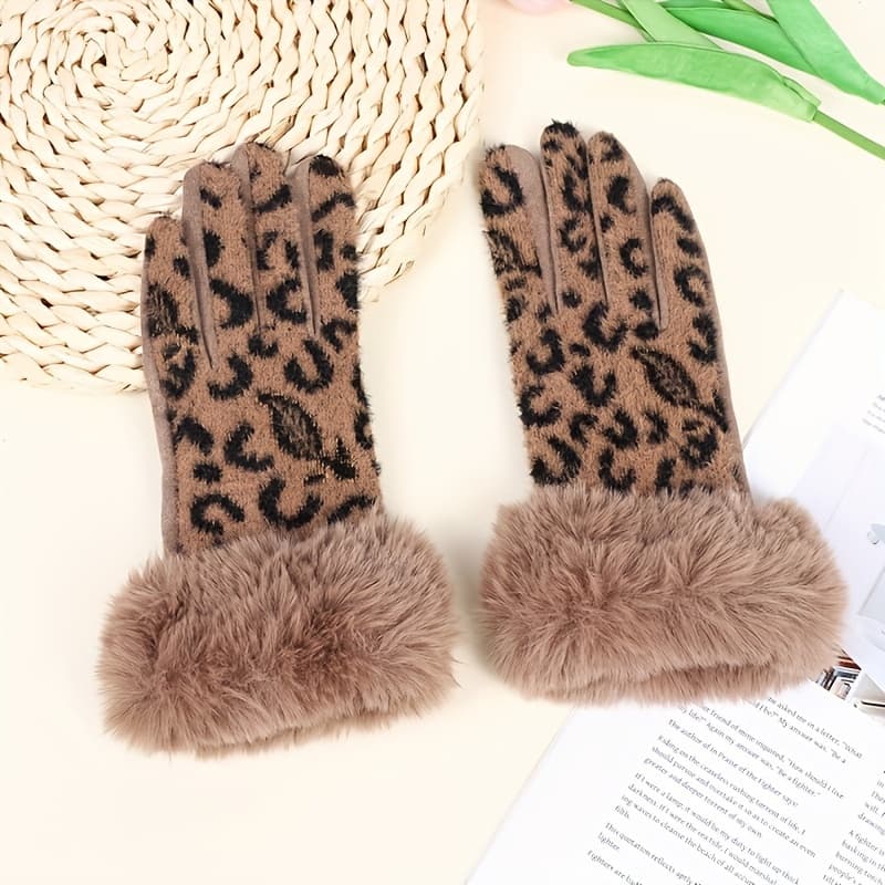 TEMU Women's Touchscreen Five-finger Warm Gloves With Plush Leopard Print On The Back And Soft Lining For Autumn And Winter Christmas