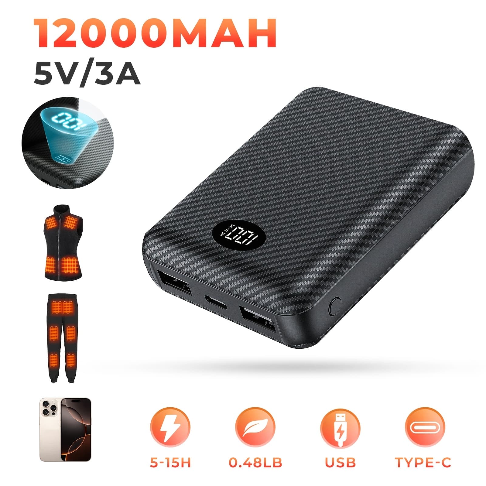 TEMU 5v/3a 12000mah Heated Vest Battery Pack For , For , Power Bank With Led Display For Heated Vests, Jackets, And Hoodies