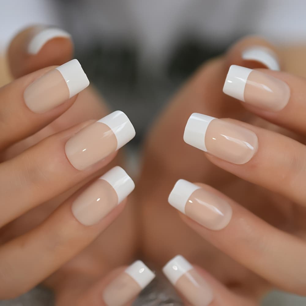 TEMU Press On False Nails With White French Tips Nude Square Middle Length