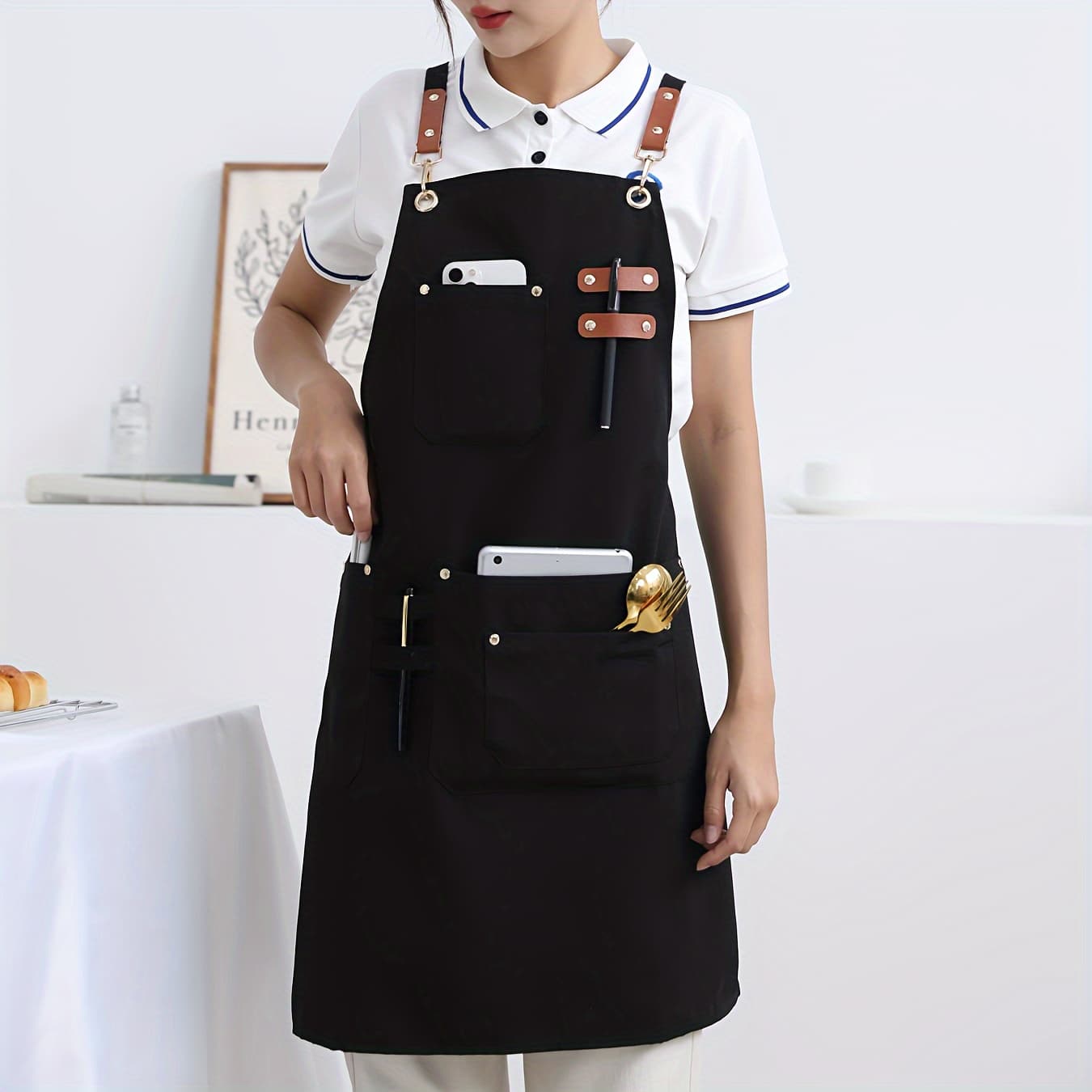 TEMU 1 Polyester Apron, High-end Design, Soft And Breathable, 4 Pockets, Used In Restaurants, Kitchens And Other Occasions, Modern Apron