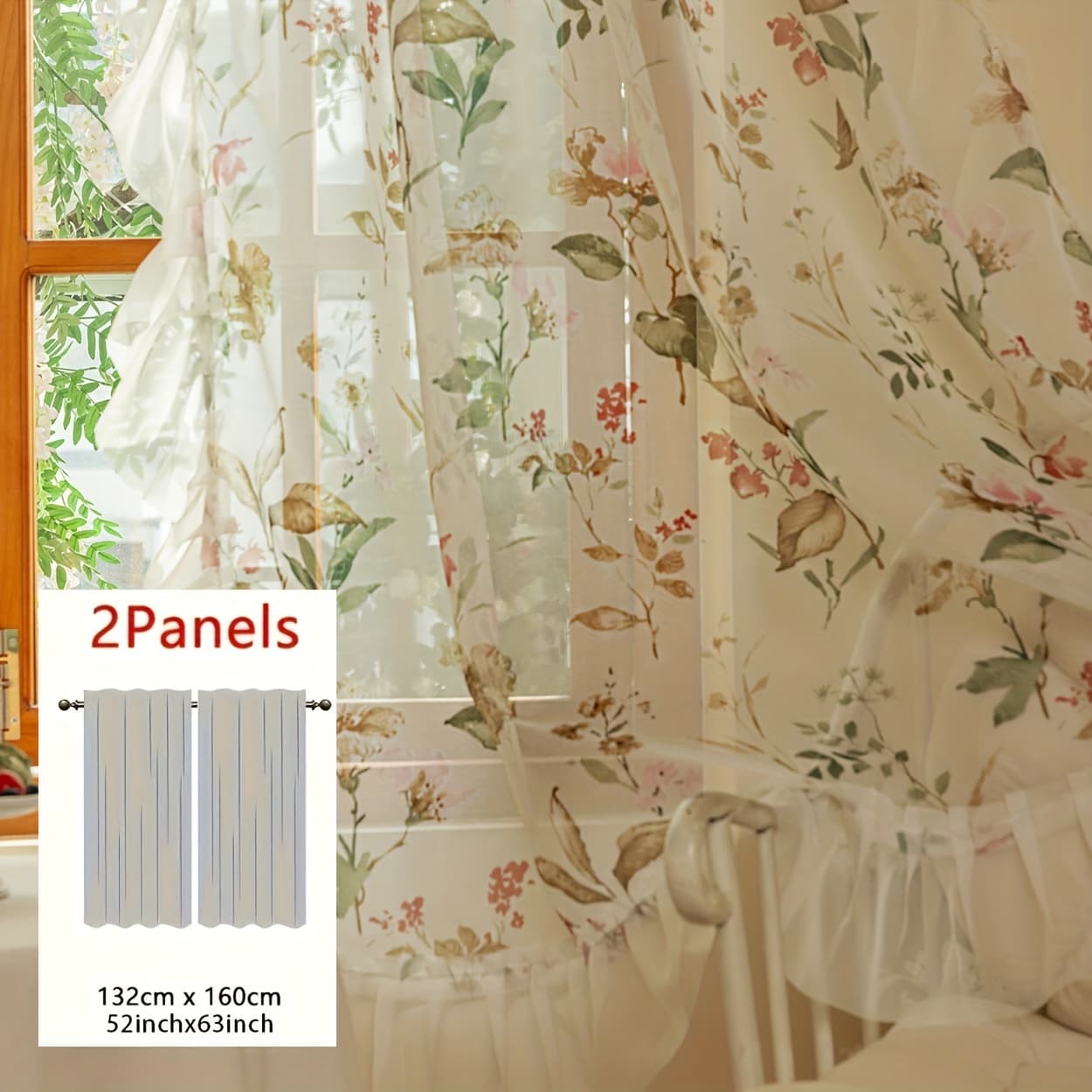 TEMU 2pcs Camellia Lace Edge Decorative Sheer Curtains, Suitable For Style In Living Rooms, , Bedrooms, , And As Partition Curtains