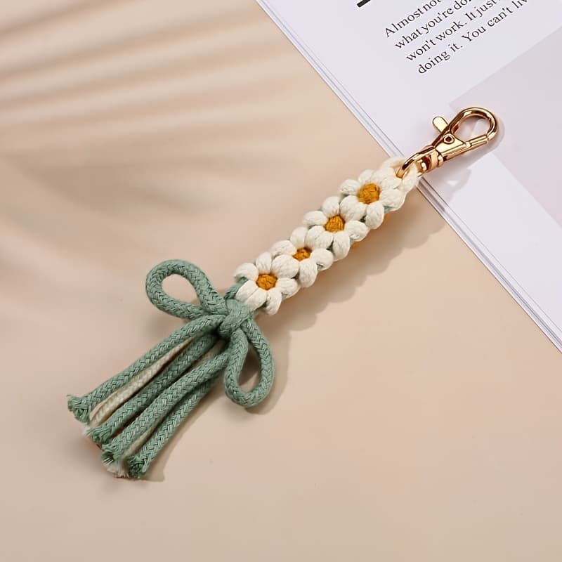 TEMU 1pc Braided Daisy Flower Keychain With & Tassels - Braided Loop For Keys, Cute Backpack Pendant, Car Hanging Decor, Women' Gift, Ring Decoration For Home & -the- Use 1pc Braided Daisy