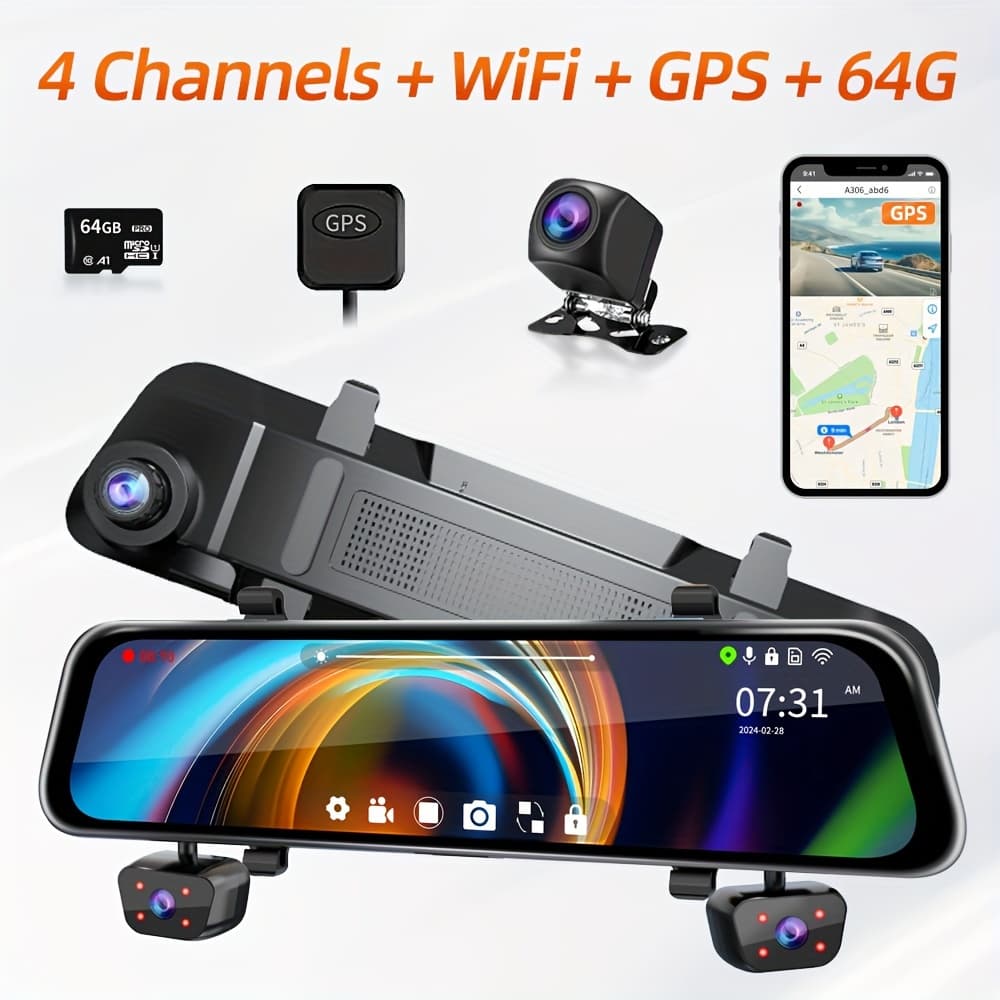 TEMU Car Dvr Dash Cam For Cars Oversized Touch Screen Rearview Mirror Wifi Gps High Definition 1080p Car Video Recorder Car Dvr Loop Recording Time Lapse Box