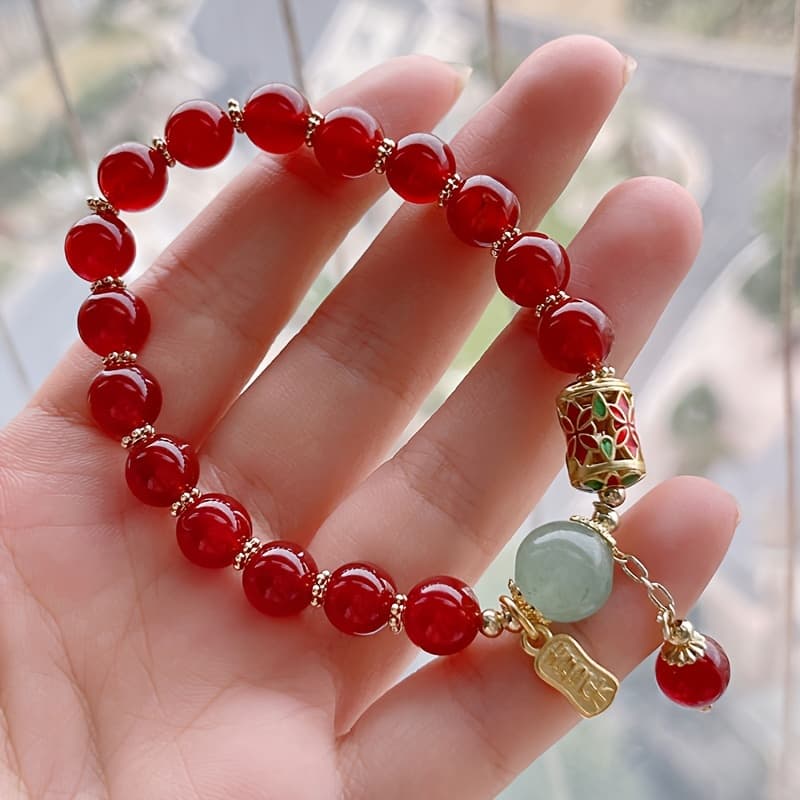 TEMU Red Agate Beaded Charm Bracelets For Women Chinese Style Good Luck Bangles For Women Or Men Jewelry Gifts