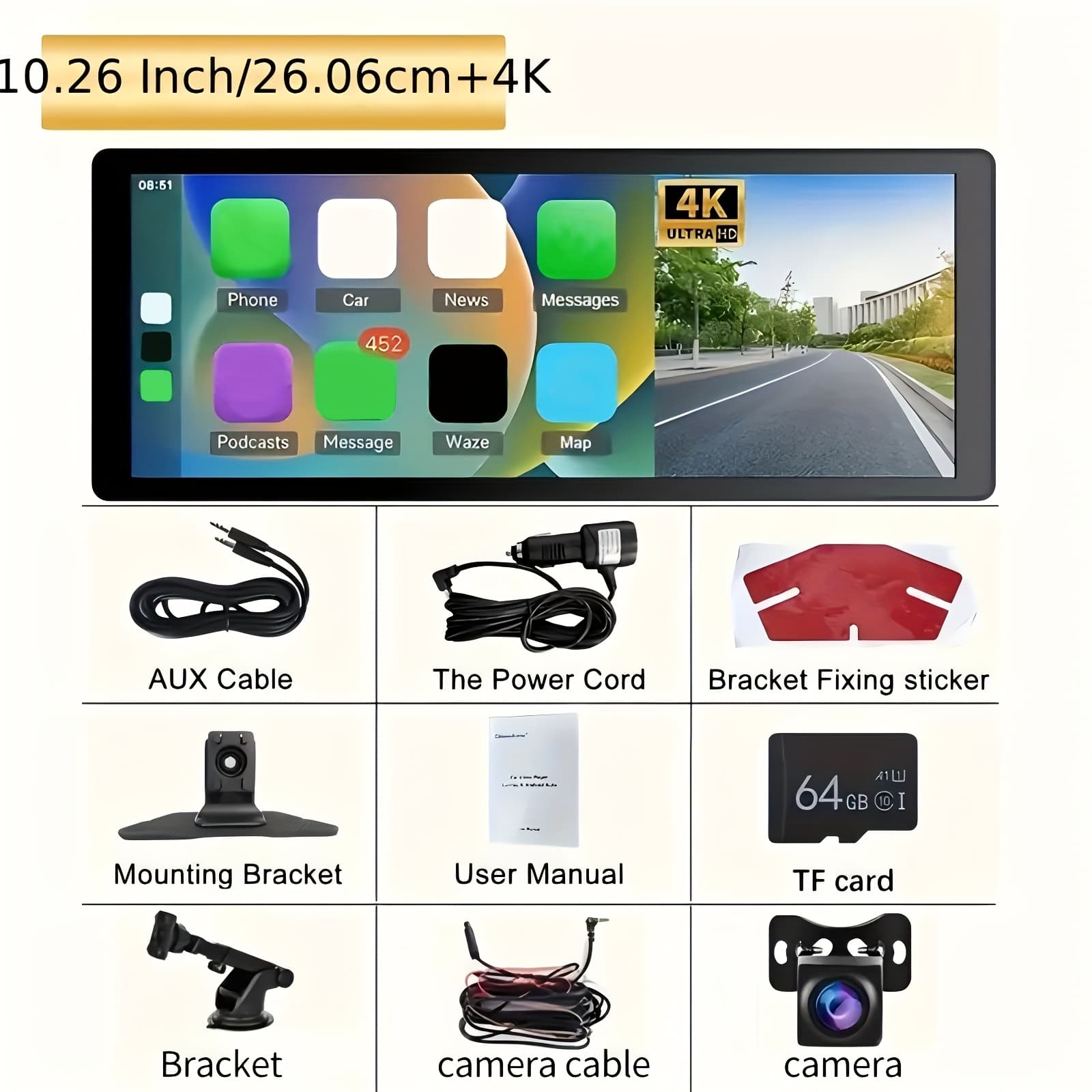 TEMU 10.26" Hd Wireless Car Stereo Compatible With Carplay & Auto, Featuring A Portable Touch Screen For Vehicles, 4k Dash Cam, 1080p Backup Camera, Google, , , Gps Navigation, Aux, Fm Transmitter
