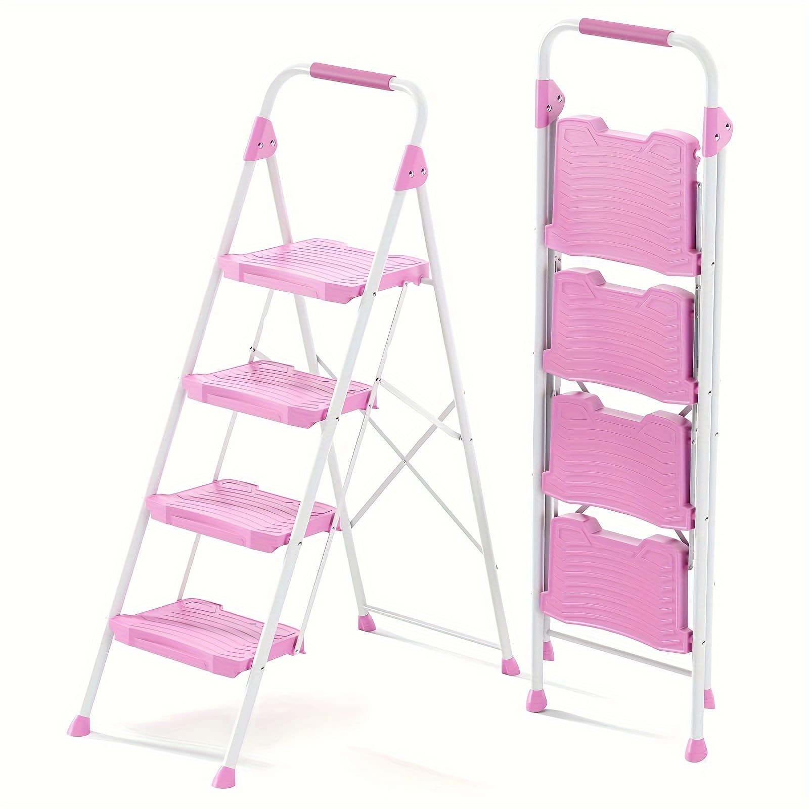 TEMU Kingrack 3 4 Ladder, 900lbs Sturdy Step Stool With Handrail, Anti-slip Wide Pedals, Foldable For Home, Garage, Garden, Household, Pink, Pass 900lbs Testing