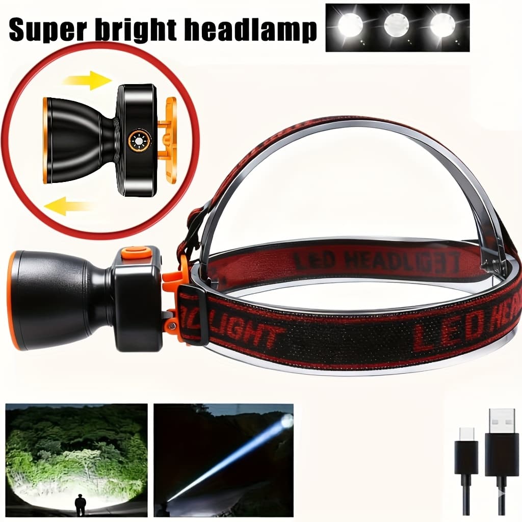 TEMU 1pc Outdoor Headlamp Flashlight, Led Rechargeable Headlamp, 3 Lighting , Induction Headlamp, Suitable For Camping, Running, Fishing, Rock Climbing, And Emergency Work At Night