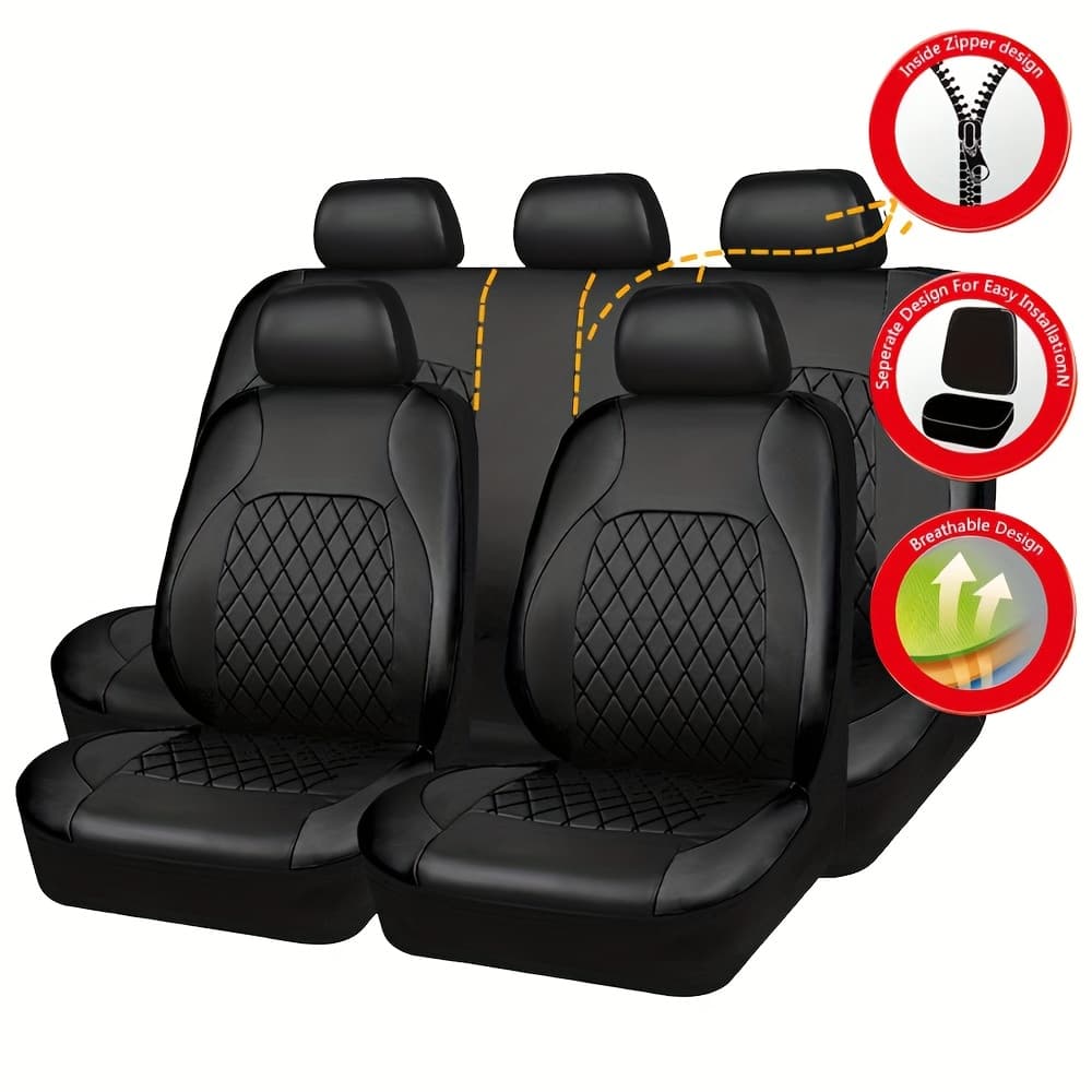 TEMU 9pcs Pvc Quilted Pu Leather Car Cover Set For Fit (, Trucks, Suvs,) - Compatible, Compatible, , Cushioned With Front/rear/headrest Coverage, Fits Most Detachable Headrest, Christmas Gifts