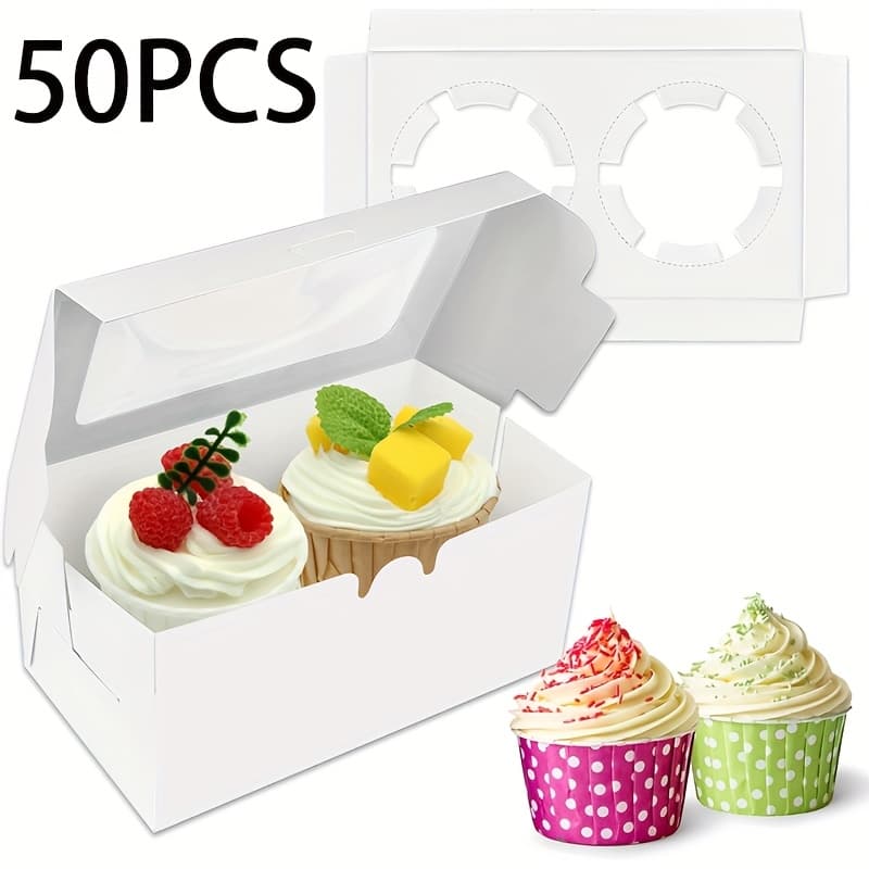 TEMU 50white Paper Cupcake Boxes With 2 Cavity Cookie Gift Boxes With Clear Window, 2 Cupcake Containers, Birthday Party Cake Box