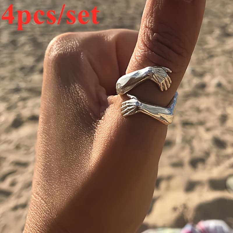 TEMU 4 Affordable S925 925 Silver Rings, Suitable For Men And Women, Cute Hand Holding Rings, Hip-hop Couple Rings, Easter And Halloween Christmas Gifts