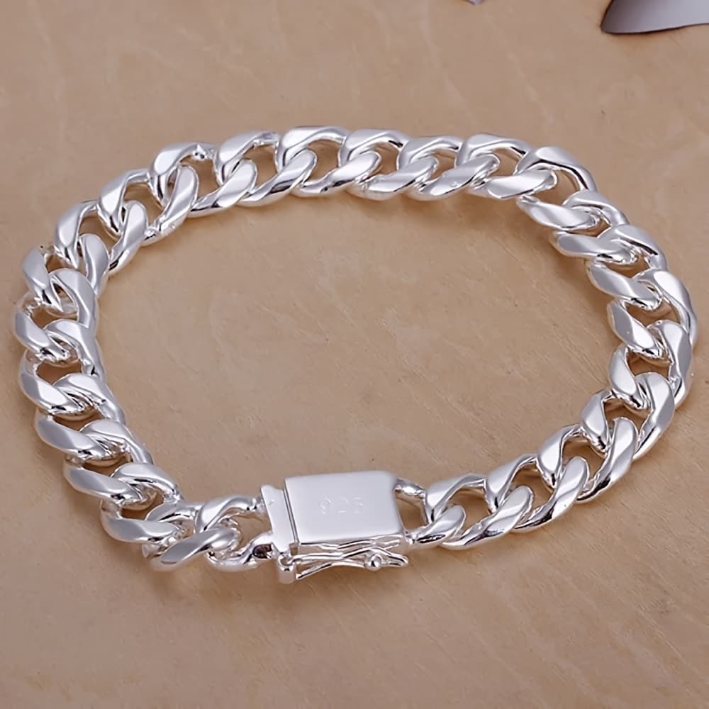 TEMU 1pc, 925 Sterling Silvery Chain Bracelet, 8 Inches And 10 Millimeters Wide, Square , Unisex Fashionable Punk Jewelry, Weddings, Parties, Birthdays, And Anniversary Gifts