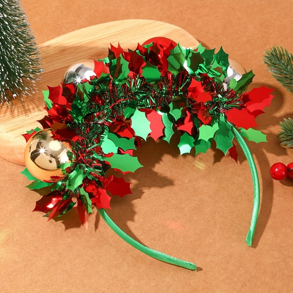 TEMU 1pc Christmas Headdress - Christmas Ball With Red And Green Ribbon Elements - Seasonal Hairband: Christmas Headbands - Festive Christmas Headband: Statement Accessory