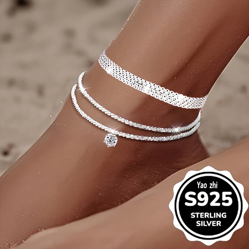 TEMU 3pcs Set - Elegant 925 Sterling Silvery Women' Synthetic Zirconia Wave And Braided Anklets For Parties And Overseas Events. Total Weight Of The Product (1.96g)