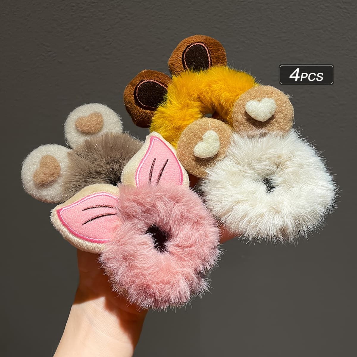 TEMU 4pcs Women's Plush Autumn And Winter Large Ring Cute Cat Ear Hair Ties Additions