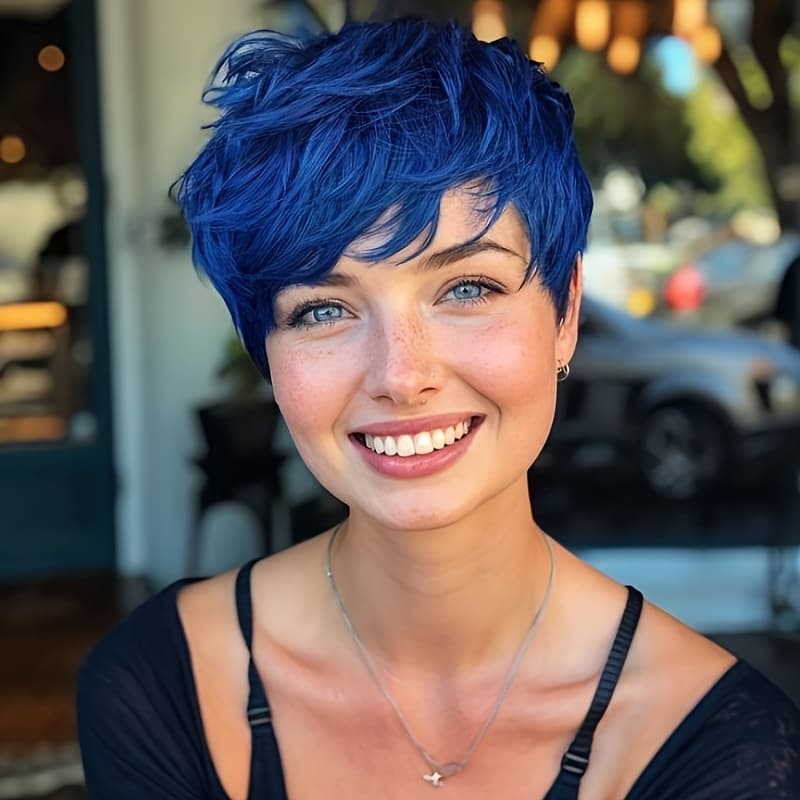 TEMU Nicelatus Short Mixed Black And Blue Wig, Featuring Short Hairstyles And A Cut With Bangs. Synthetic Wigs For Women Are Perfect For Short Hair, Suitable For Halloween, Christmas Parties